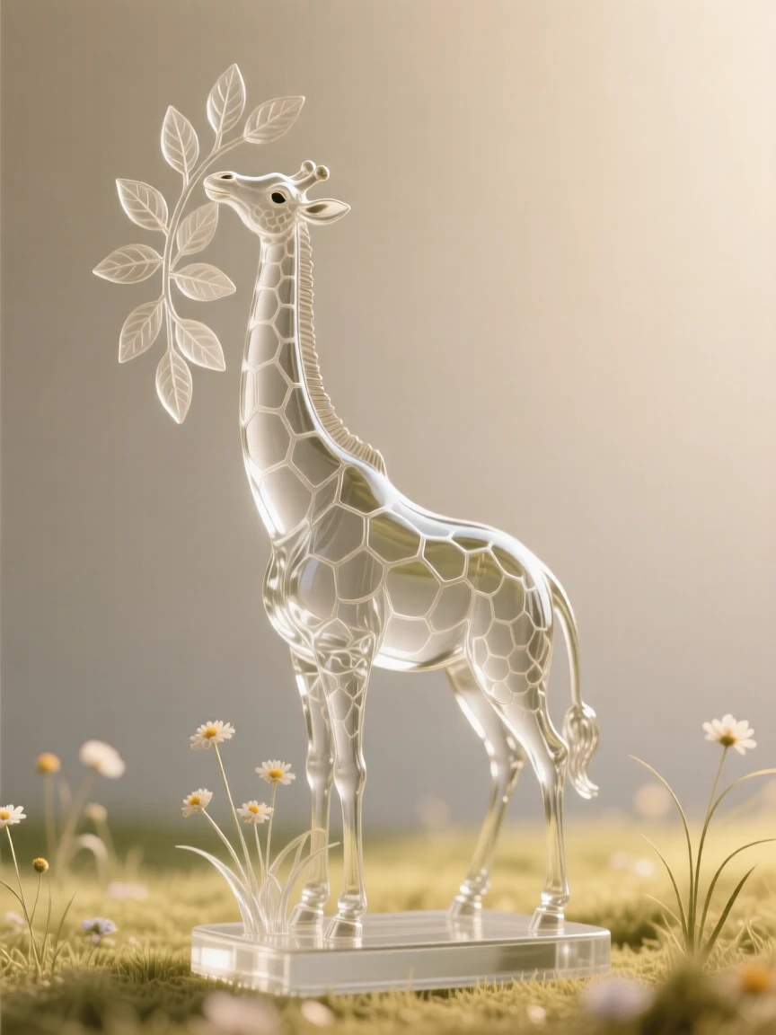 A giraffe reaching for leaves resting peacefully in a sunlit meadow scattered with wildflowers, a gentle breeze bending the grass, evoking warmth and tranquility.