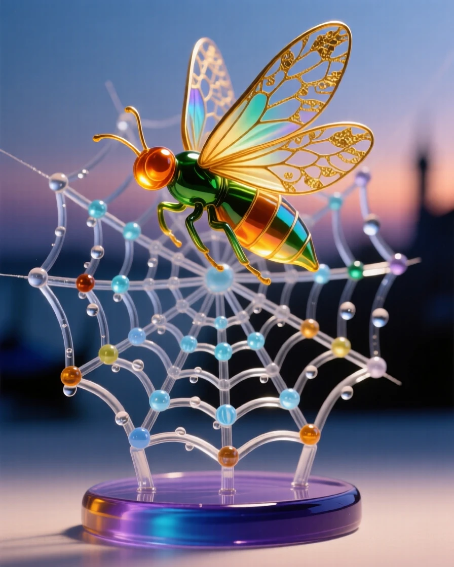 A single firefly glowing above a dew-covered spiderweb at dusk, magical and delicate.