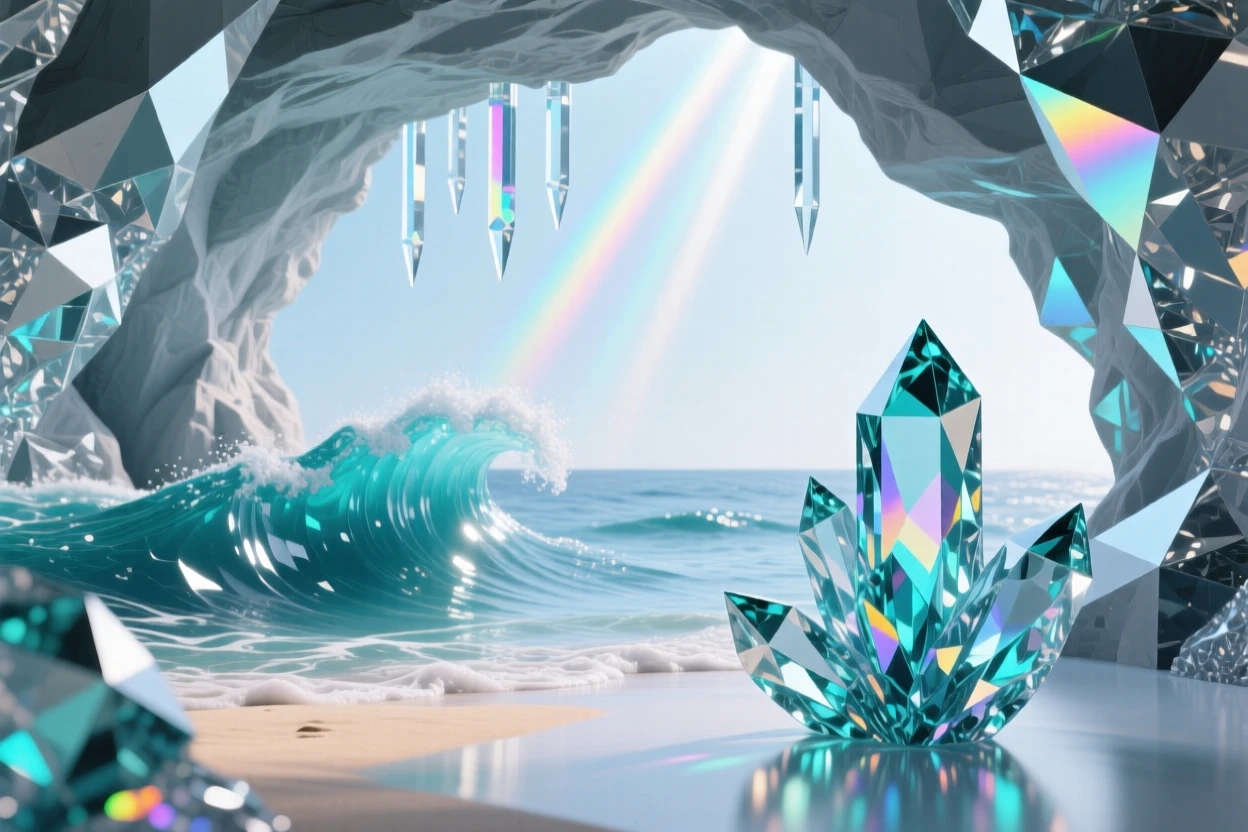 A remote coastal cave with waves gently rolling in, light beams entering from a hole above.