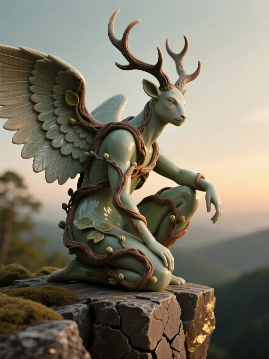 A gentle forest guardian made of vines and antlers perched watchfully at the edge of a cliff, its wings catching the last light of dusk, radiating noble power tempered with gentleness.