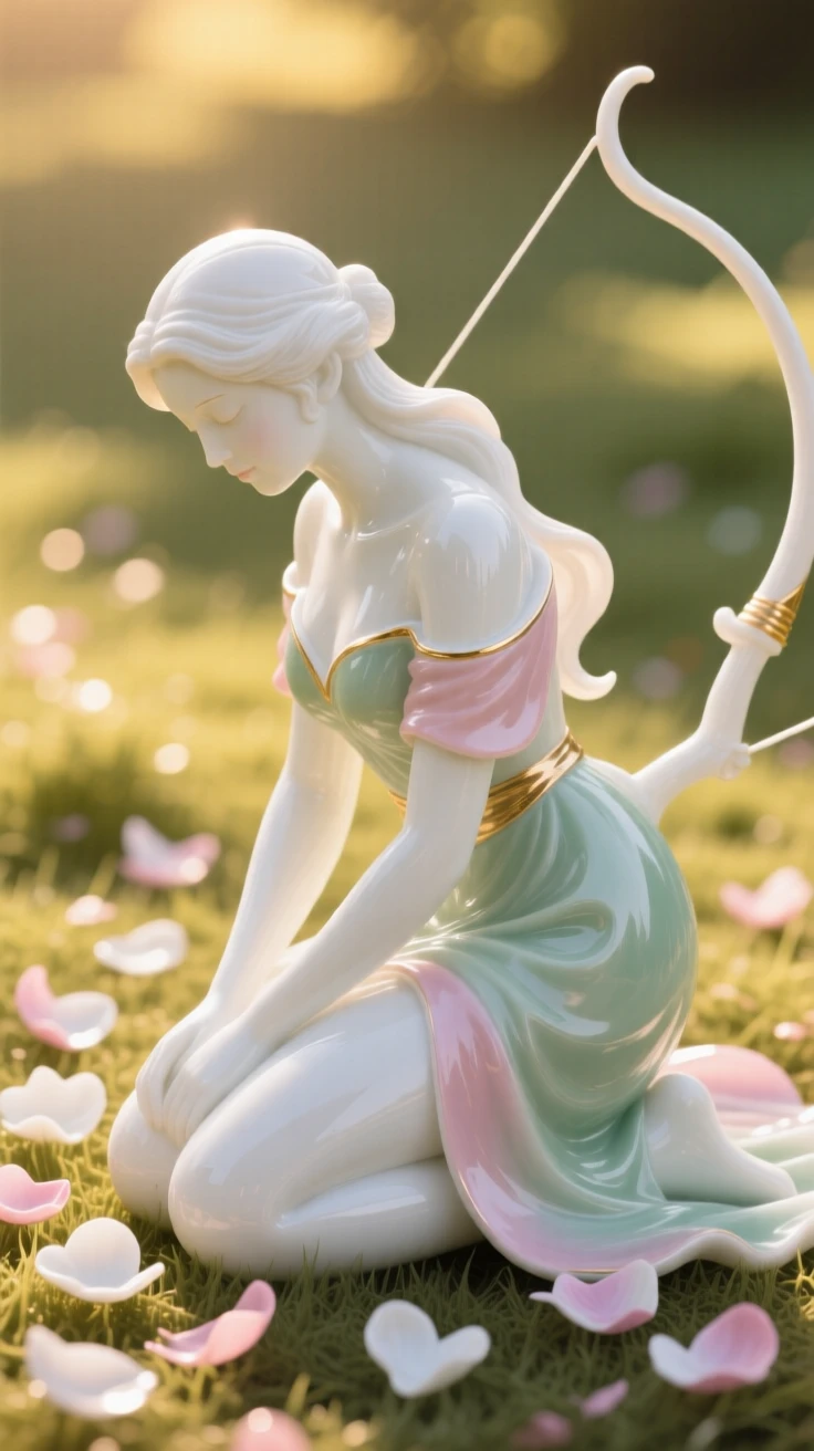 A elegant huntress kneeling among fallen petals in a sunlit meadow, the scene bathed in golden late-afternoon light.