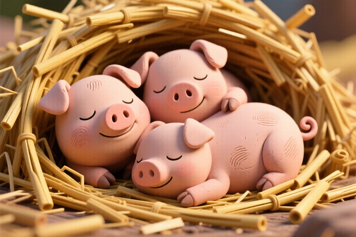 A litter of piglets napping in a heap of golden straw