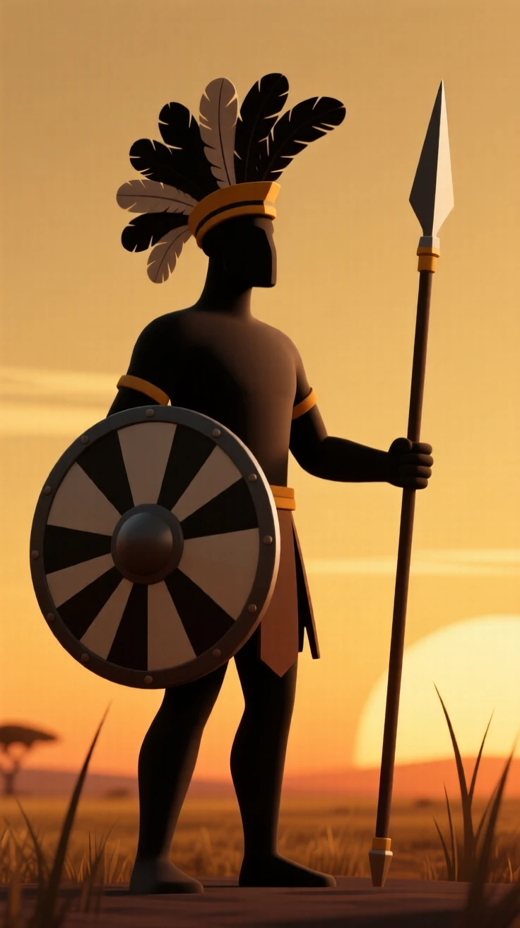 A proud Zulu warrior stands with a decorated shield and spear, ostrich feathers crowning his head against a golden savanna sunset.
