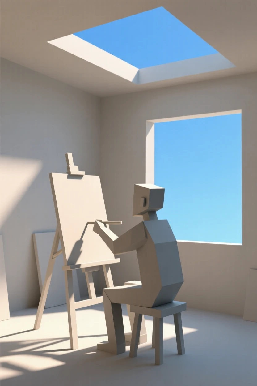 A painter working at an easel in a sunlit studio, beneath a clear blue sky. the composition balances subject and open space. The atmosphere feels peaceful and mindful.