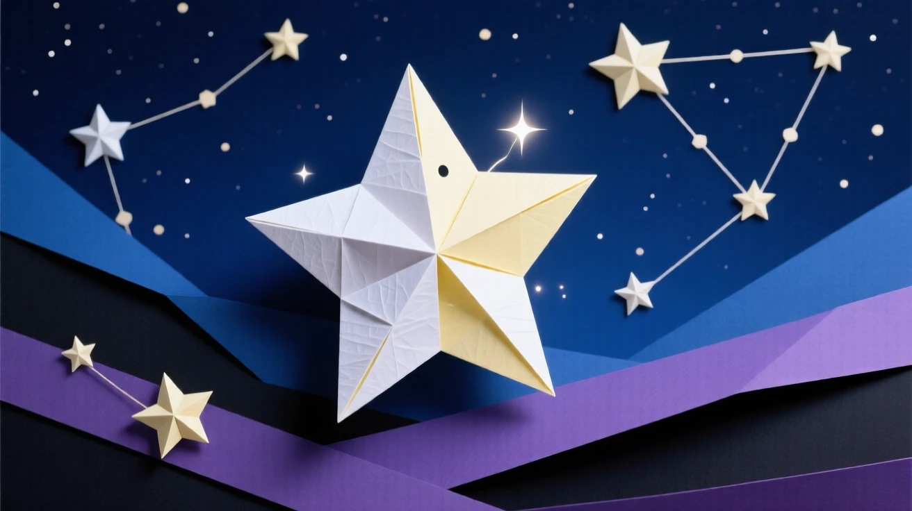 A star creature twinkling softly as it drifts through a deep indigo night sky filled with constellations.