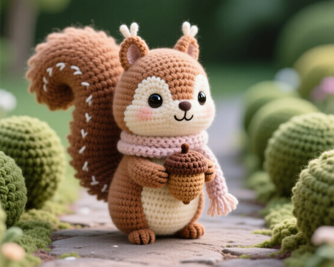 a small baby squirrel with a bushy tail curled over its back is shown clutching an acorn with both front paws within a quiet garden path lined with hedges, accompanied by a tiny knitted scarf around its neck, capturing a tender, sleepy softness.