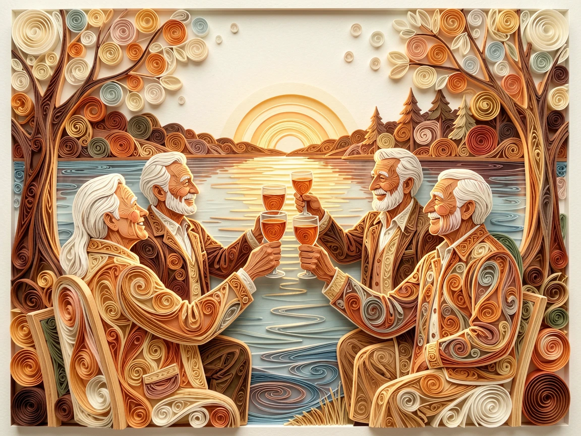 A heartwarming moment of a group of old friends toasting together at a reunion beside a calm lake at sunrise, in soft, cozy tones of amber and cream, framed with soft bokeh in the background.