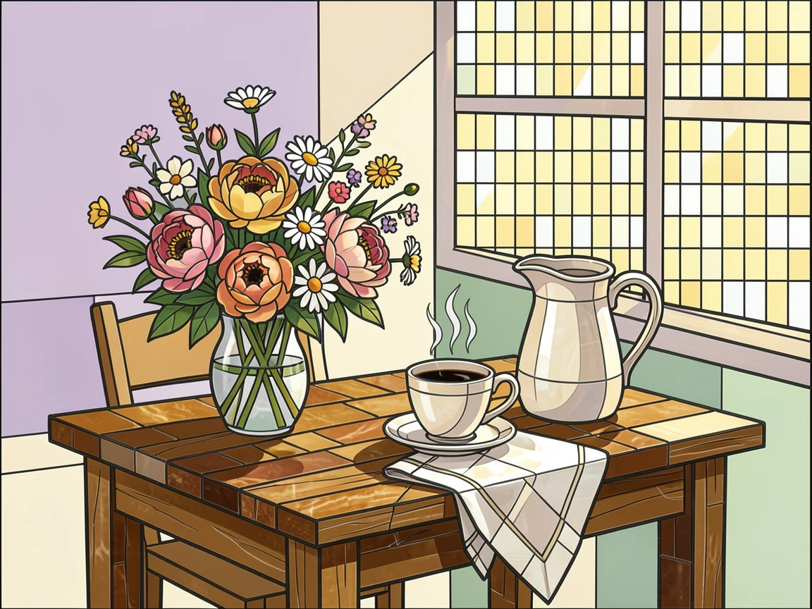 A charming, nostalgic scene of a sunlit kitchen table set with fresh flowers and morning coffee, evoking calm and comfort.