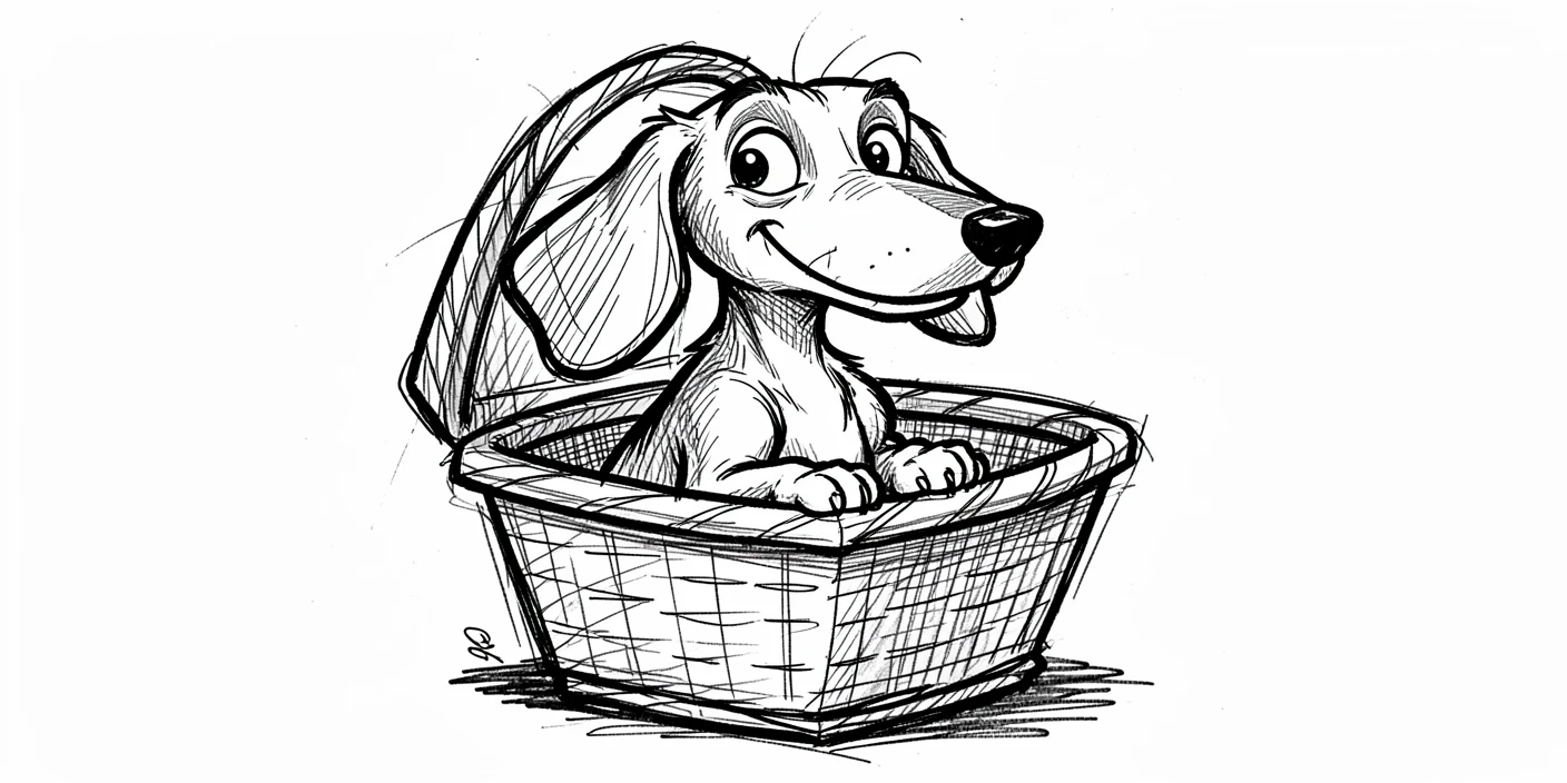A dachshund sitting inside a picnic basket.