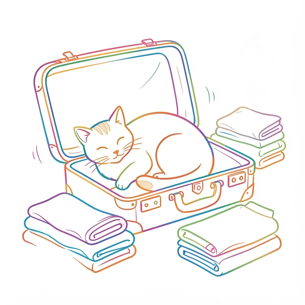 A cat curled inside an open suitcase surrounded by folded travel clothes.