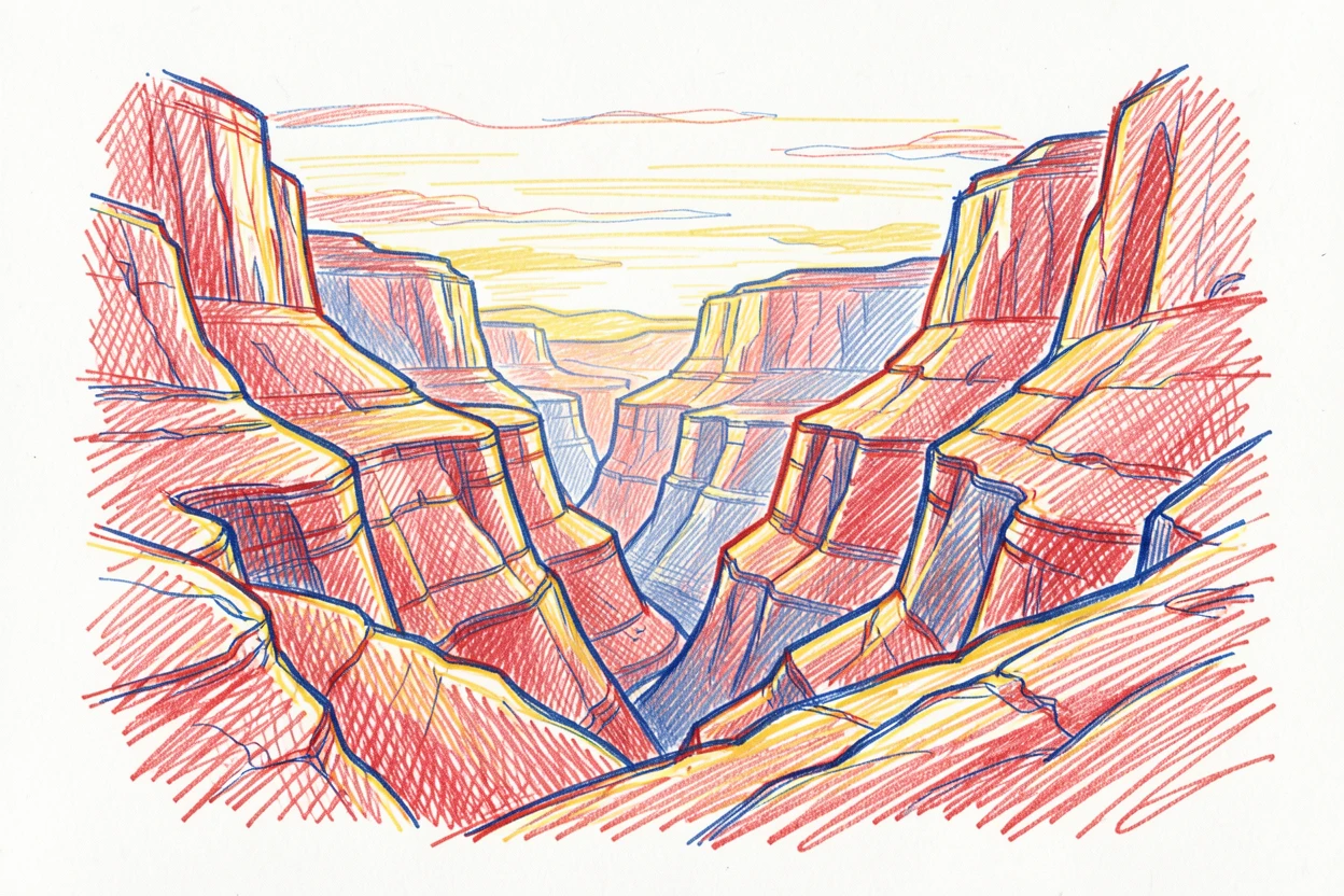 A dramatic desert canyon with layered sandstone walls glowing pink at sunset