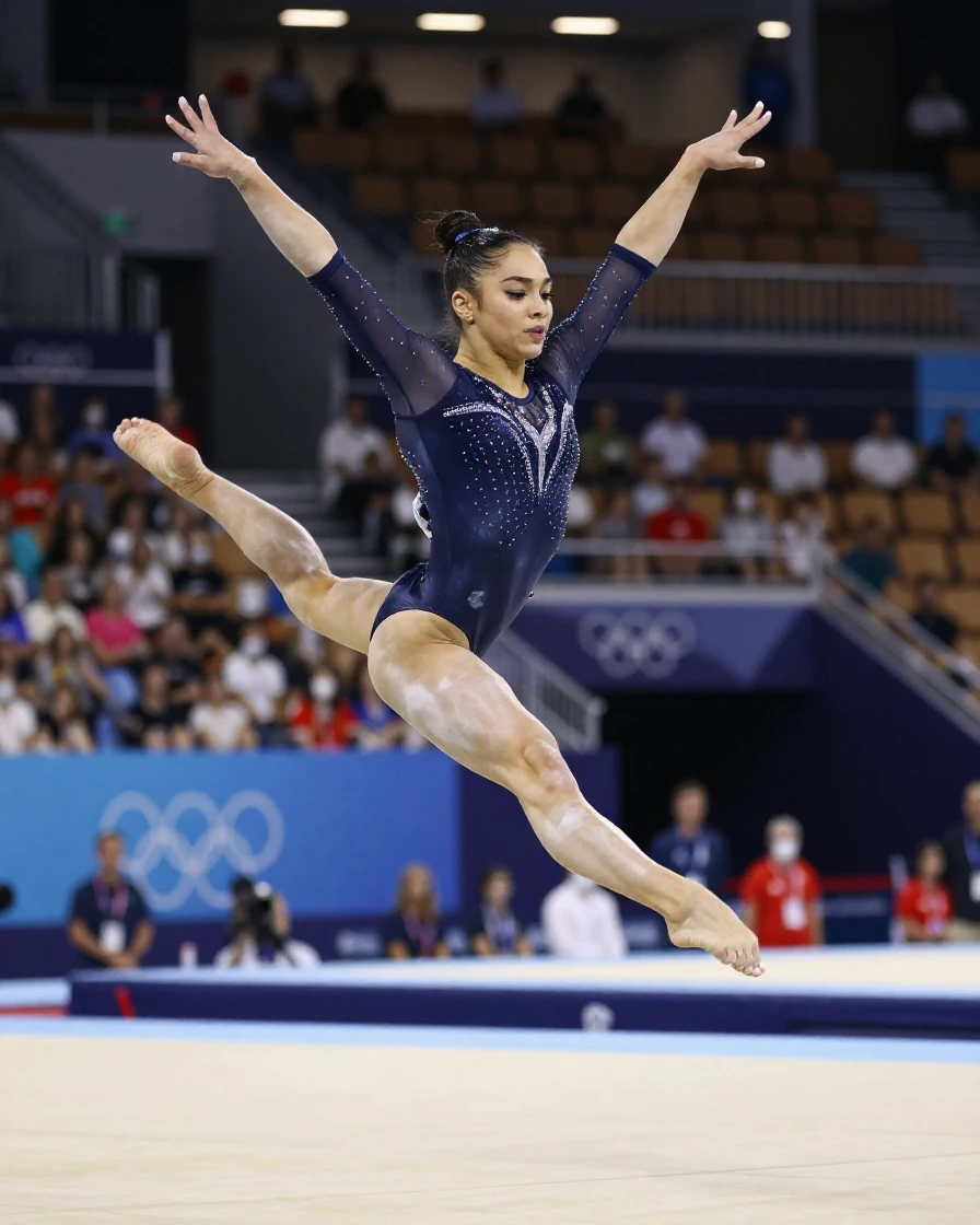 A gymnast frozen mid-air during a floor routine