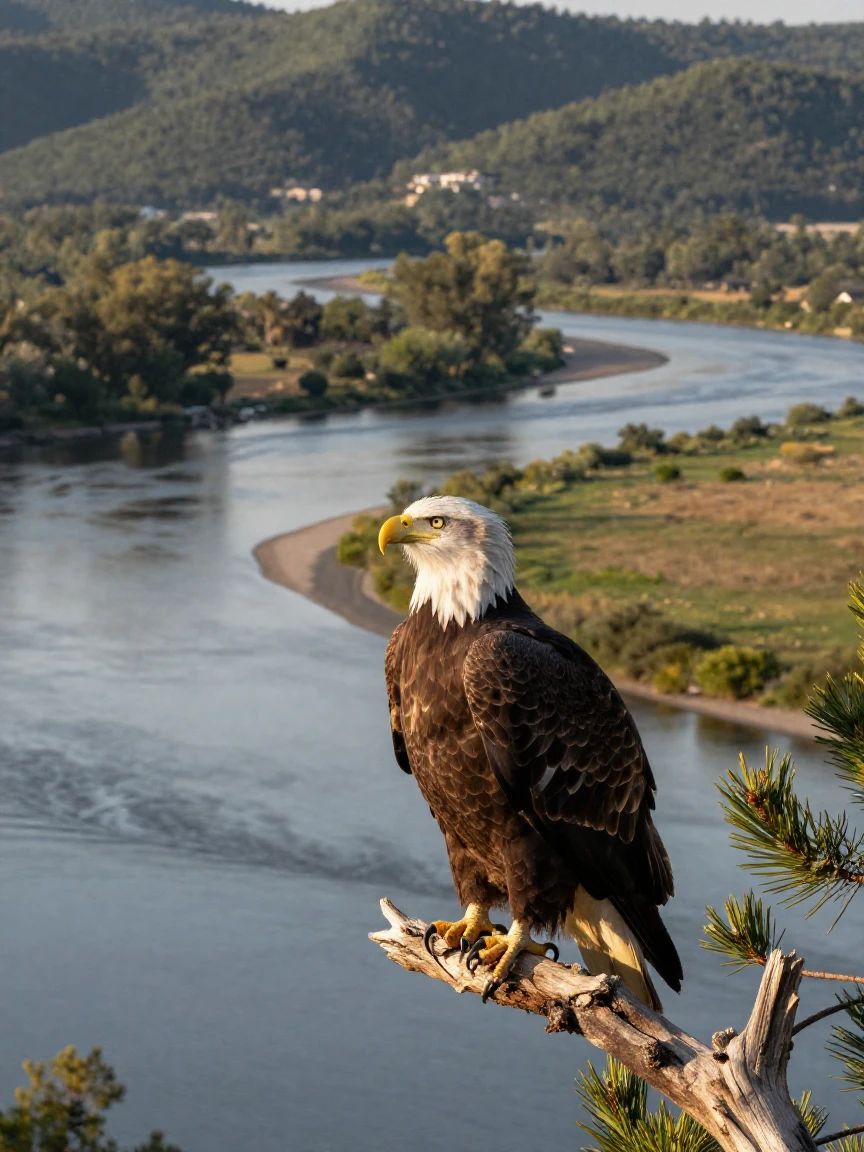 A bald eagle perches on a dead pine branch overlooking a wide river valley.