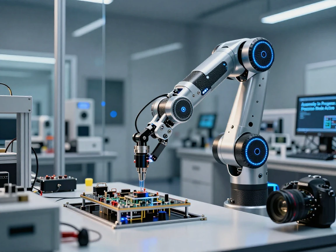 A robotic arm assembling delicate components inside a clean laboratory