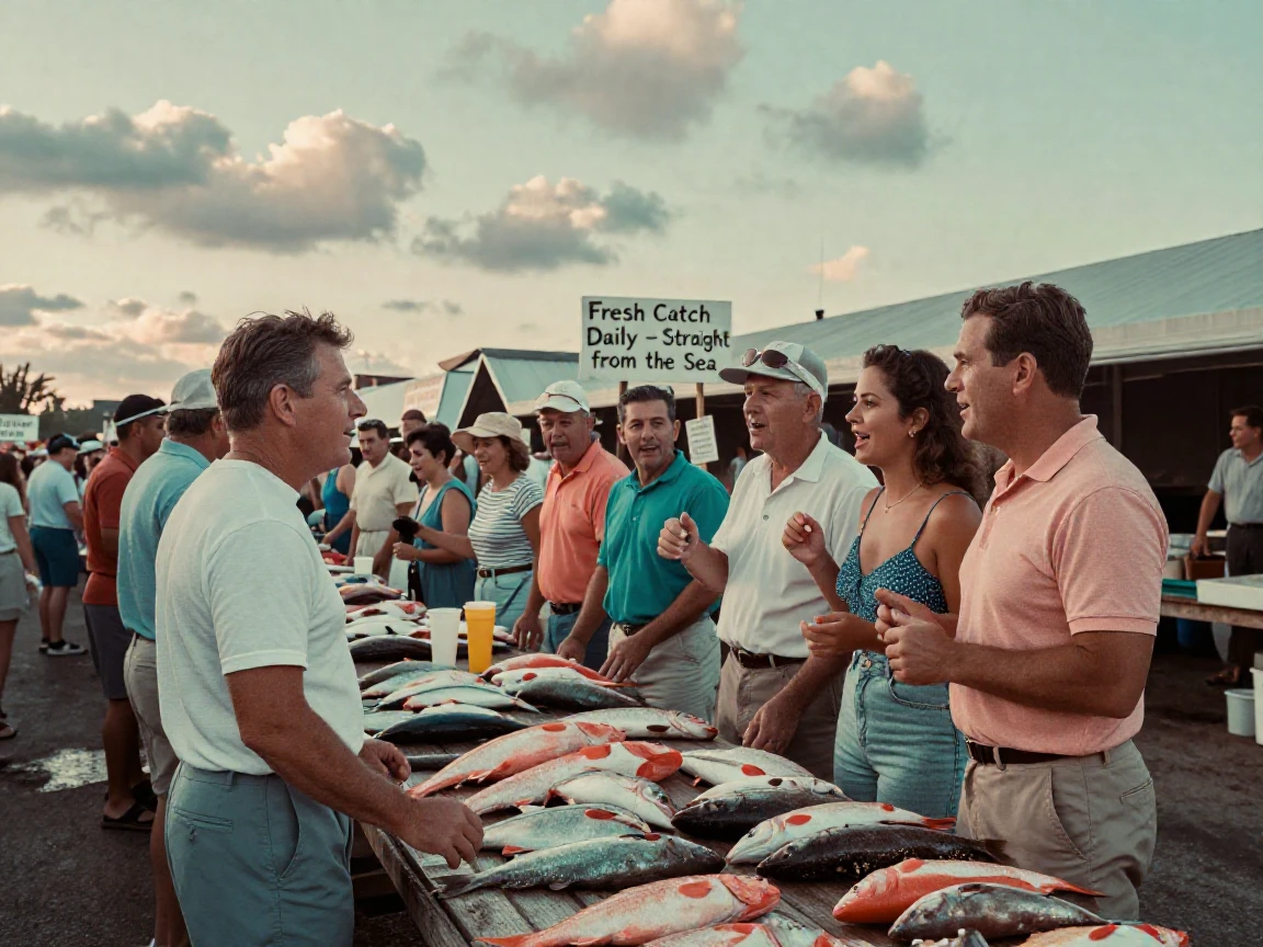A crowded fish market with vendors calling out the morning's catch, in the pale light just before sunrise, under scattered clouds, in the height of summer, in vivid coral and turquoise hues, at eye level, intimate and direct.