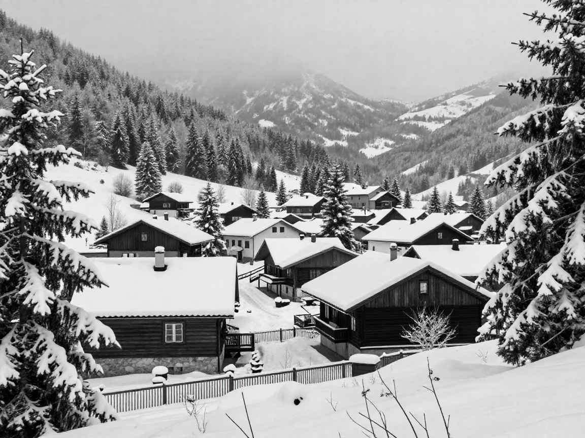 A snow-covered village sits quietly under a blanket of fresh snow in a quiet mountain village.