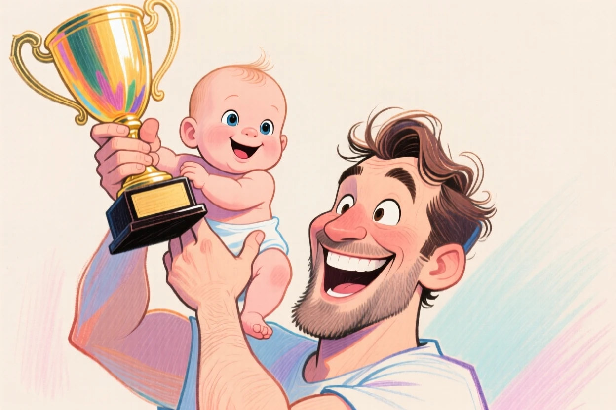 A proud new father holding his baby up high like a trophy, beaming with joy.