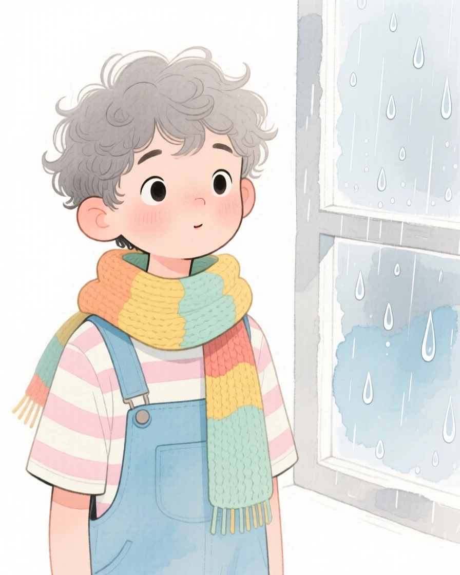 A teenage boy with soft grey curls, biting her lip shyly, wearing overalls with a striped shirt and wearing a colorful knit scarf, beside a rain-speckled window