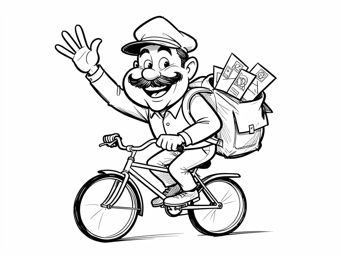[People Portraits & Characters] Portrait of a cheerful postman on a bicycle waving with a bag of letters, full of personality and charm