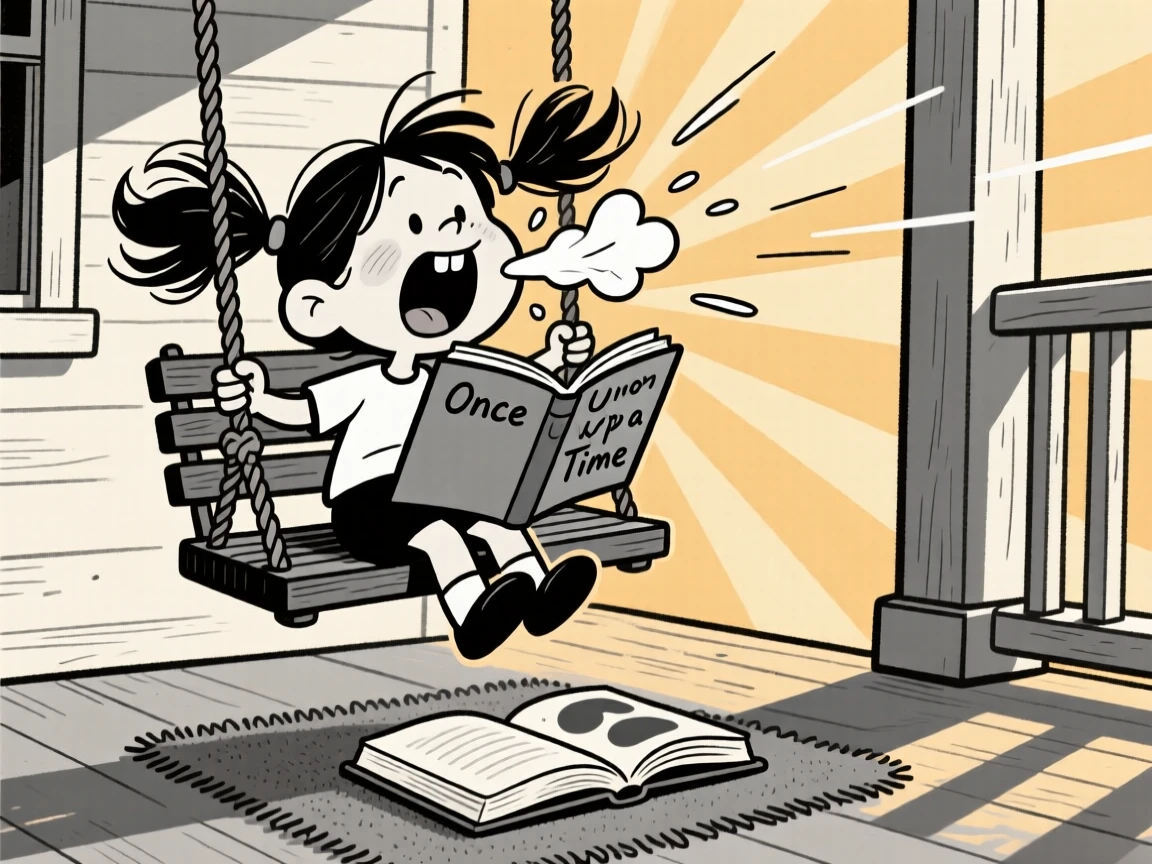 A young girl with pigtails and a gap-toothed grin, mid-sneeze with hair flying everywhere, set on a porch swing at golden hour. A dog-eared storybook lies open on the rug. It's a small, ordinary moment that feels quietly precious.