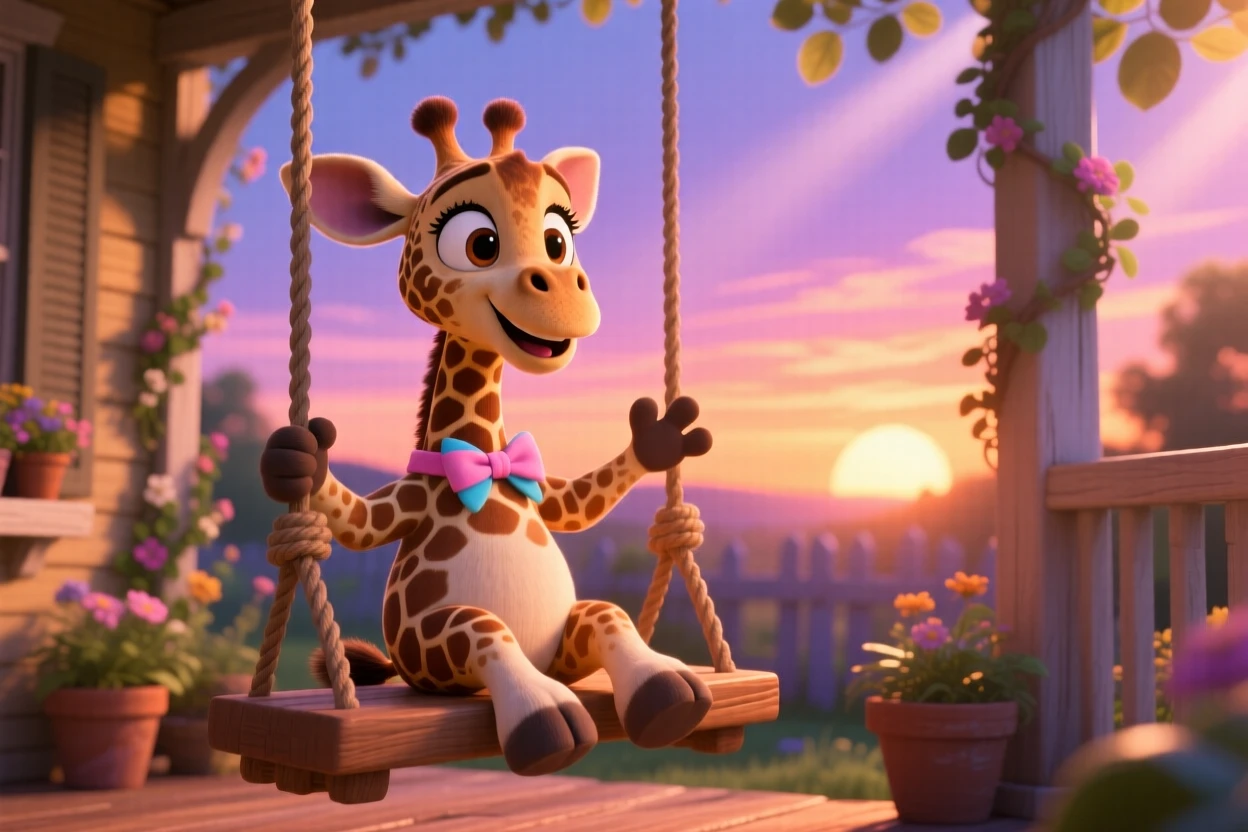 A spotted baby giraffe is sitting on a porch swing at sunset, reaching out a tiny paw. Playful joy radiates from the small creature, with a tiny bow tied around its neck.