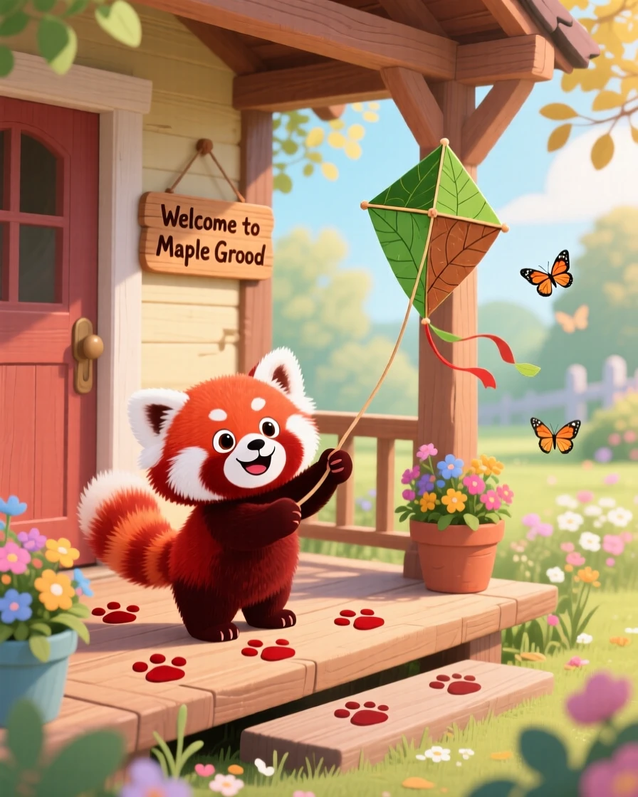 A red panda cub is flying a kite made of leaves in a cottage porch, with tiny paw prints trailing behind.