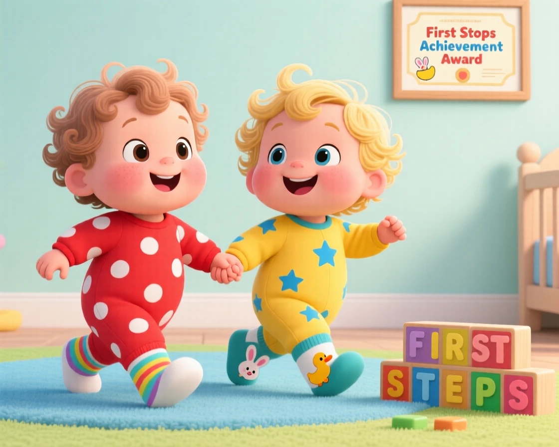 Twin toddlers holding hands as they take their first steps.
