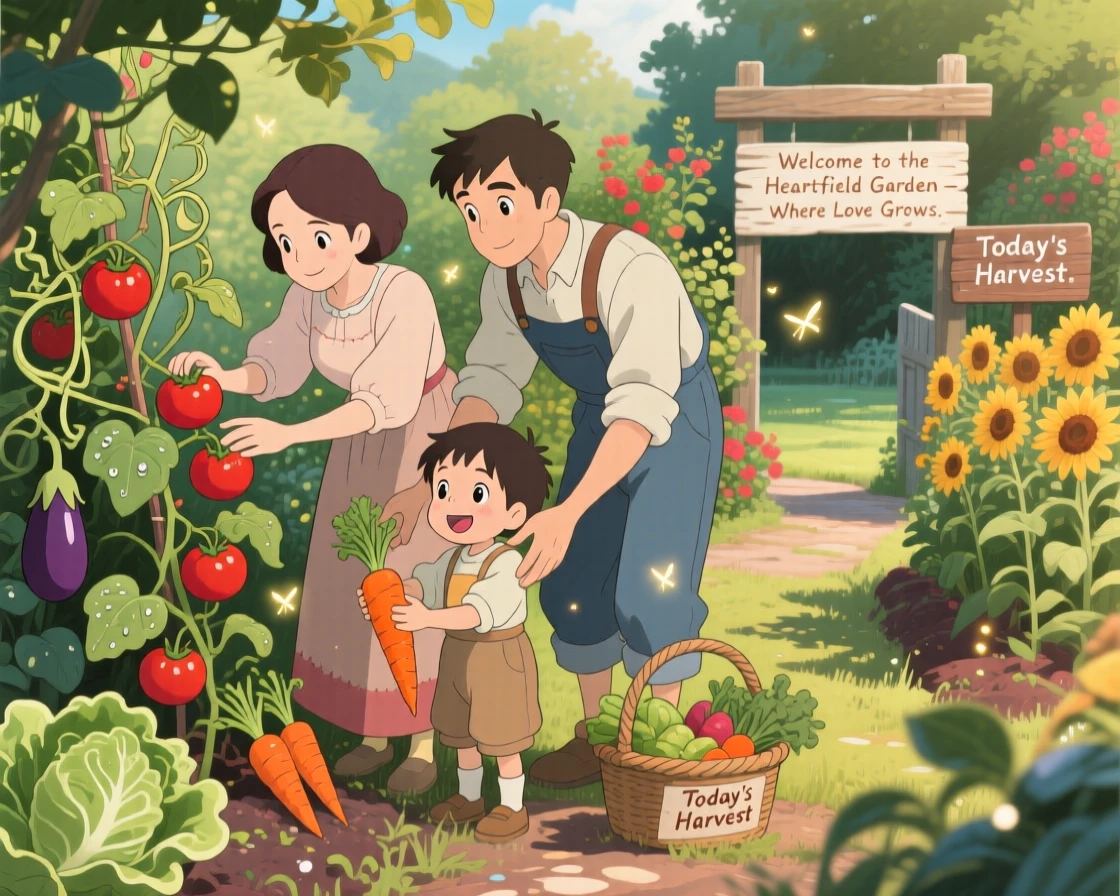 A family harvesting vegetables together in their garden, the scene full of gentle love.