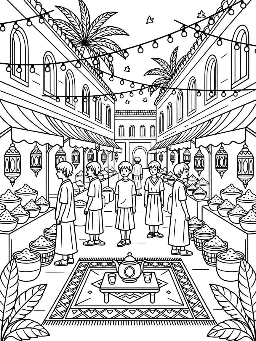 A market square in Marrakech filled with lanterns and spices, with string lights strung between old buildings.