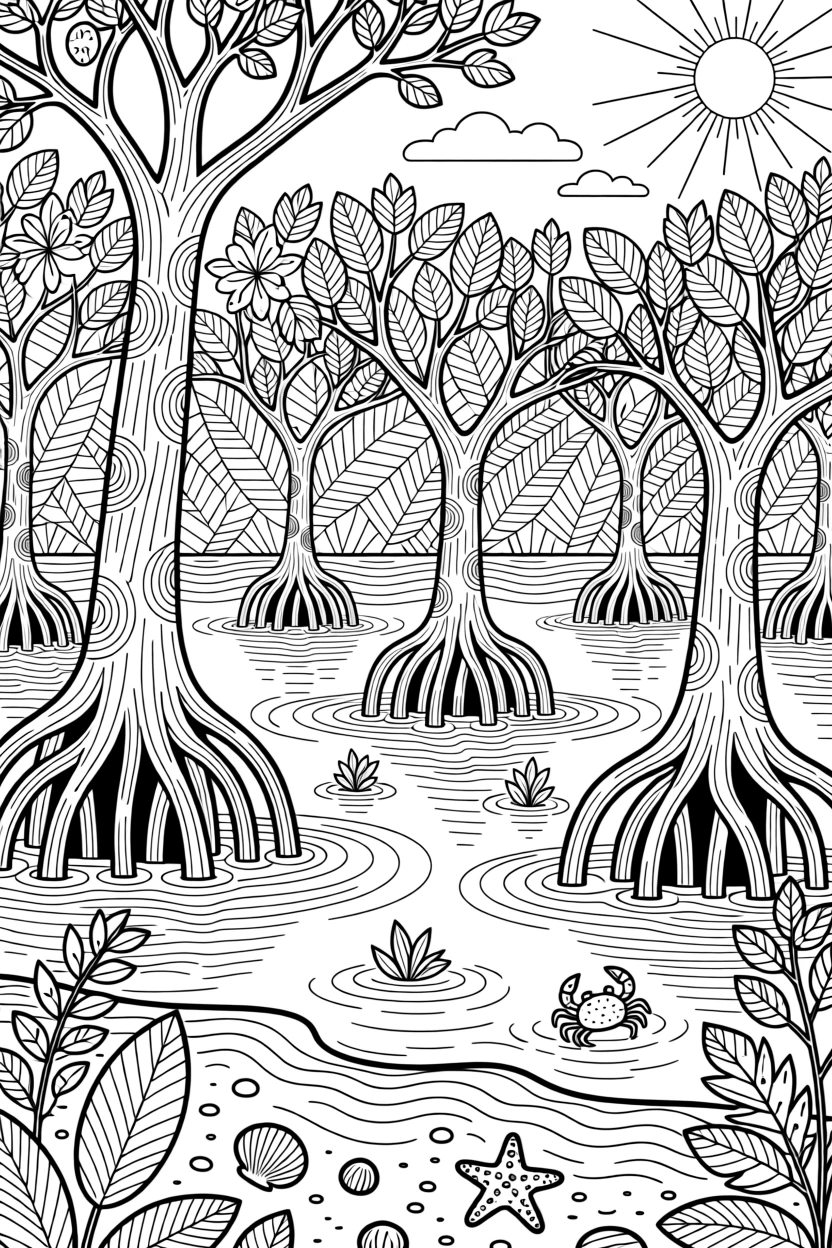 A mangrove forest with roots arching into brackish tidal water.