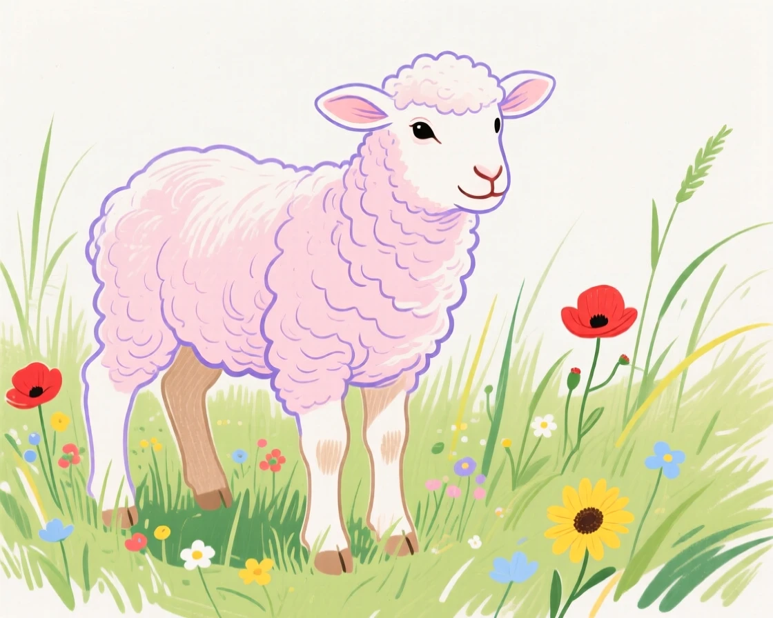 A lamb standing in a spring pasture.