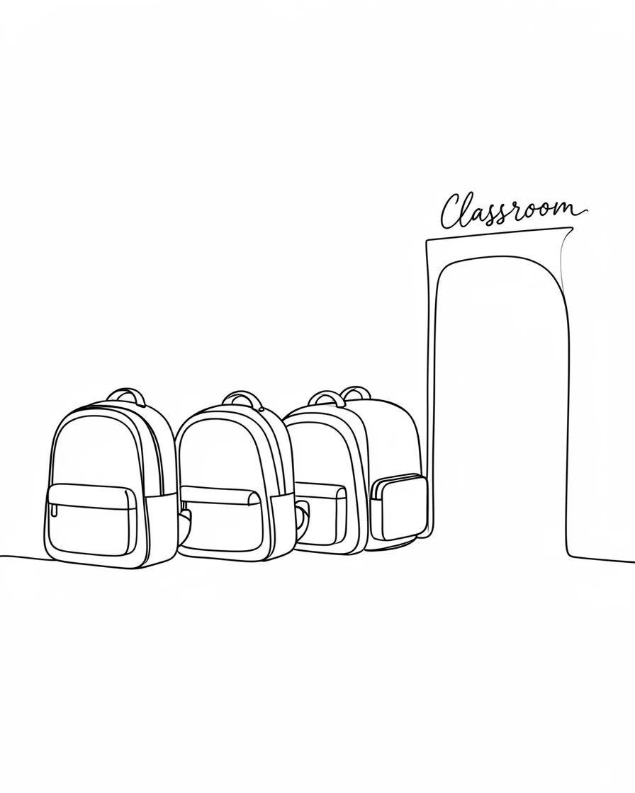 A row of school backpacks lined up beside a classroom doorway