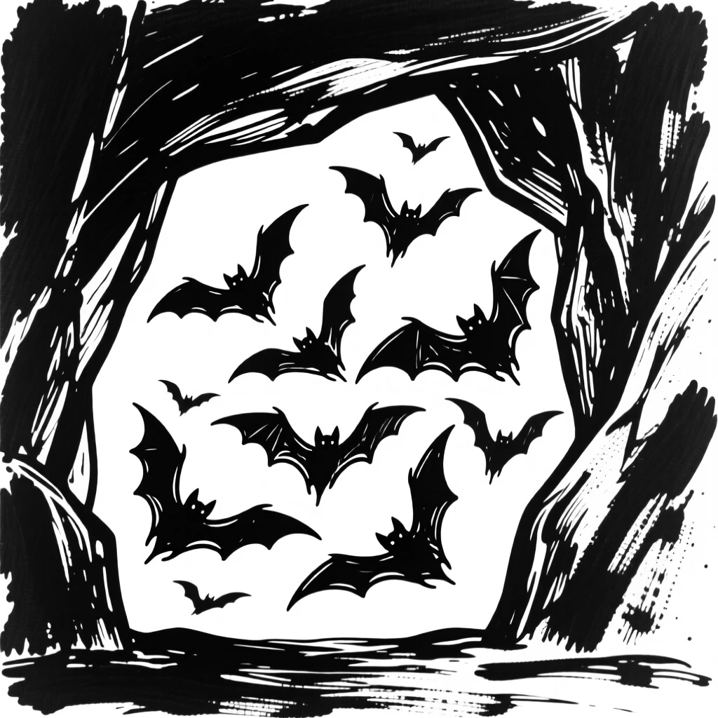 A colony of bats flying out of a cave entrance at twilight.