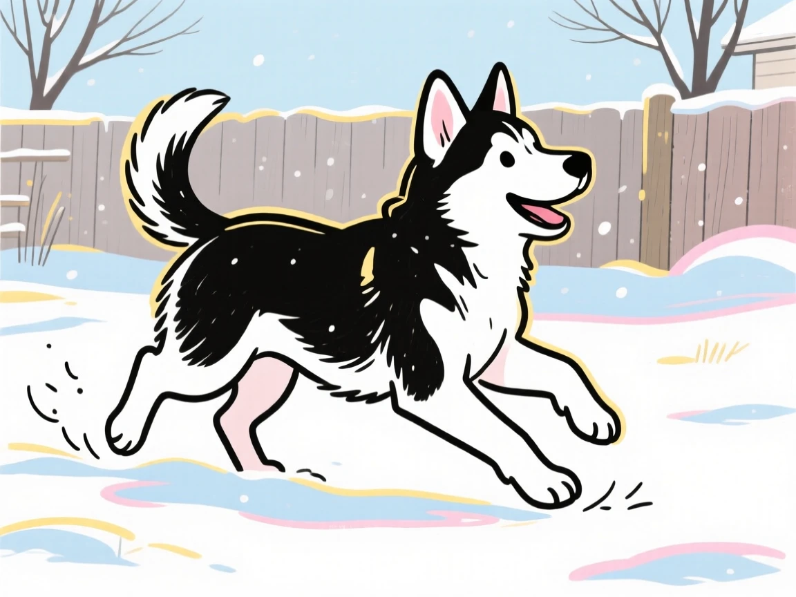 A husky puppy playing in fresh snow in a backyard.