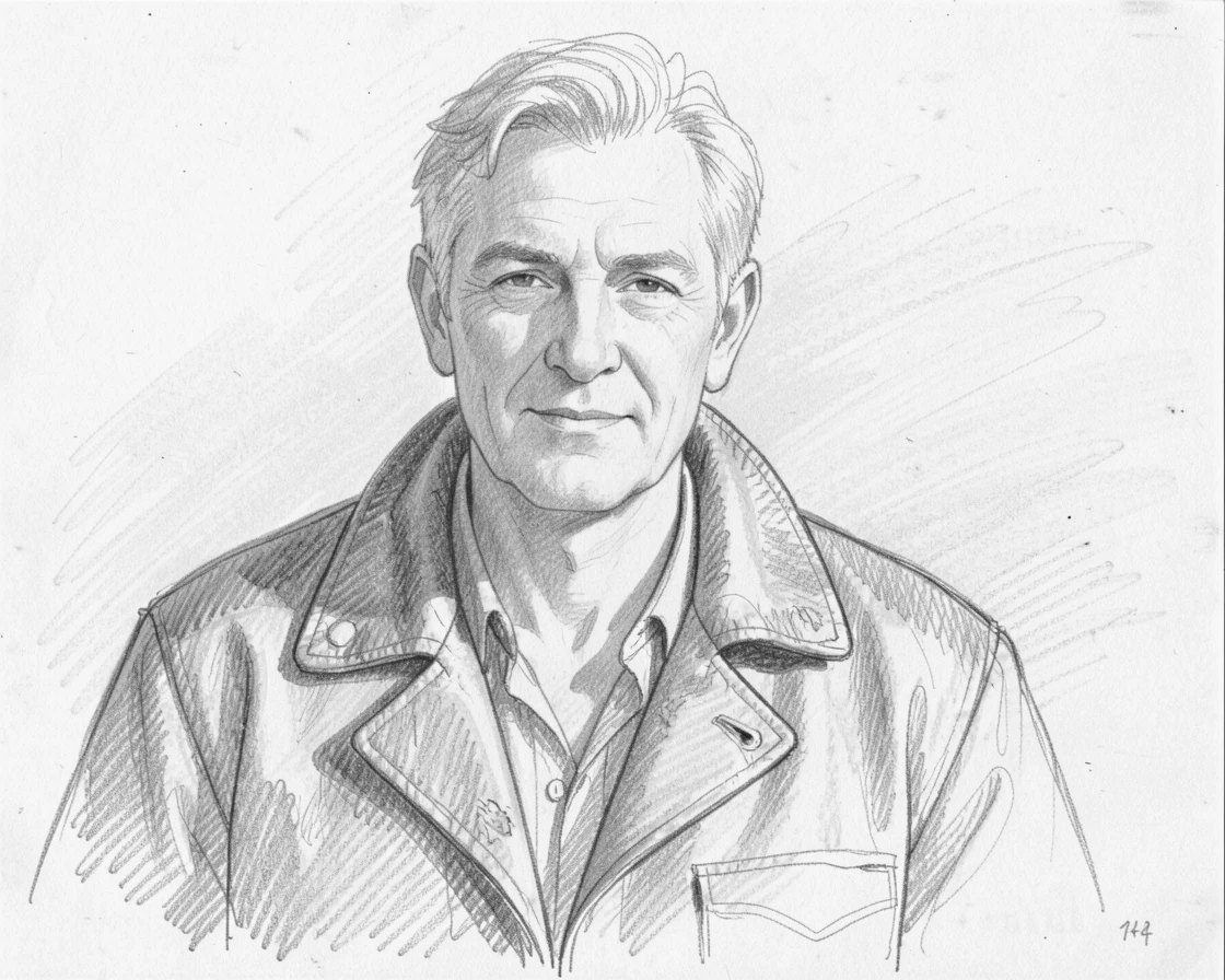 Intimate close-up of a gentle farmer standing in golden afternoon light, wearing a weathered leather jacket.