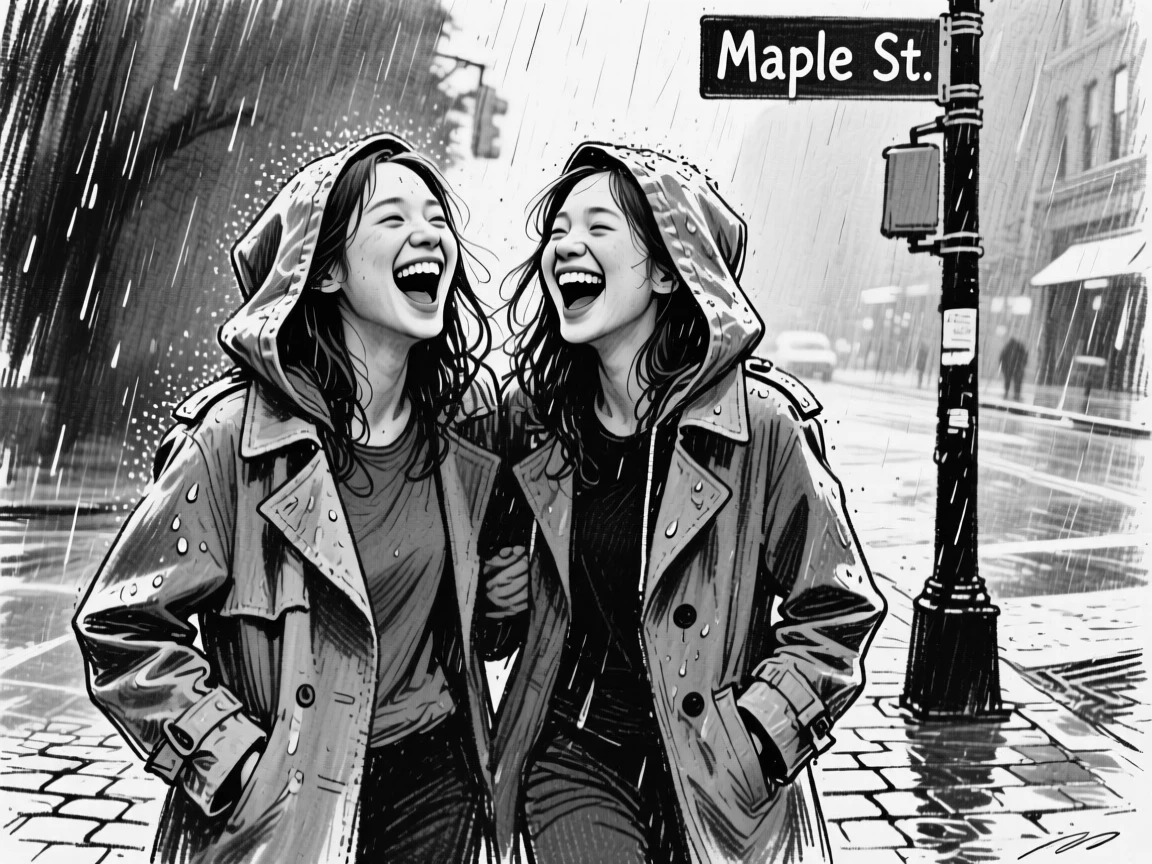 Twin sisters caught mid-laugh at a shared joke, on a rainy street corner.