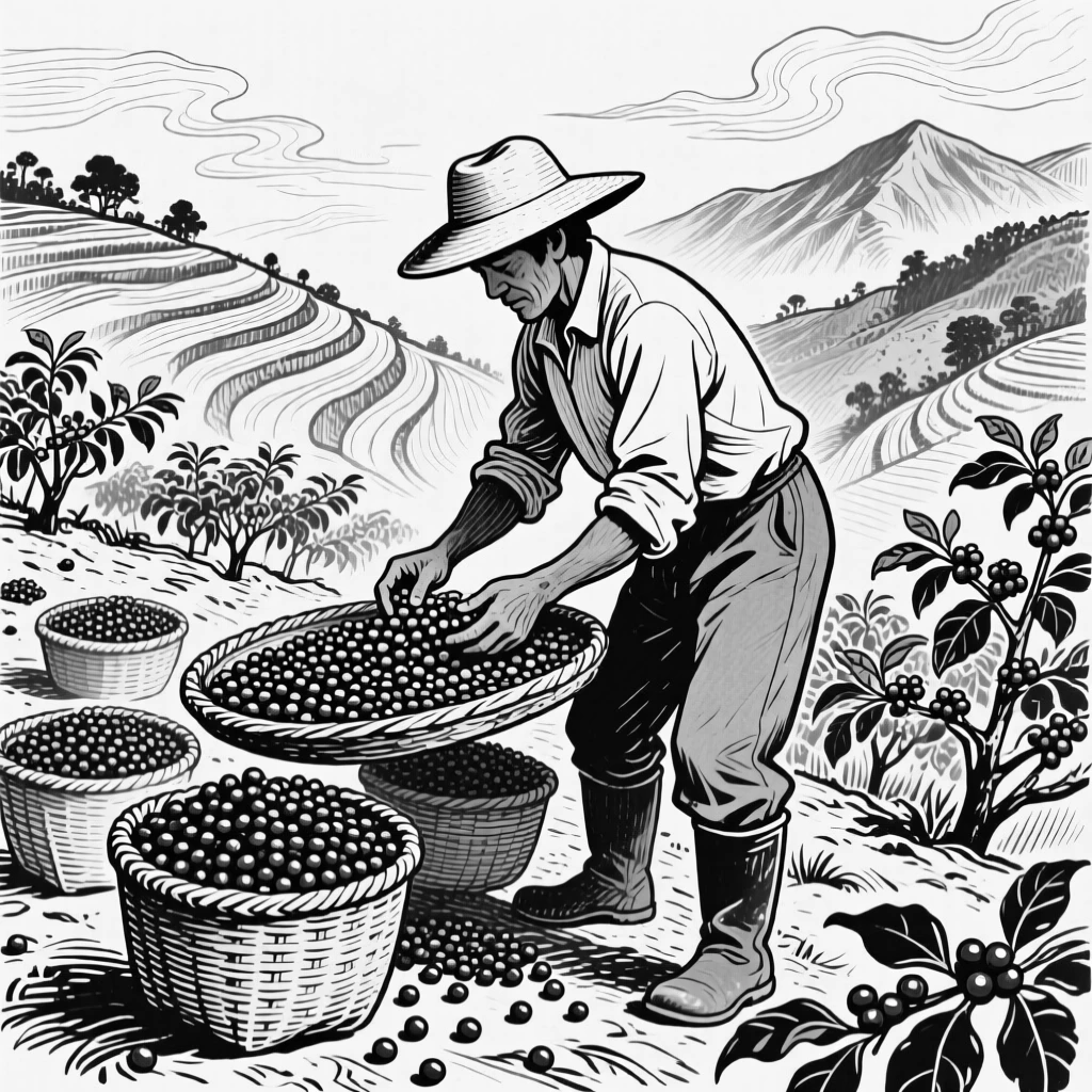 A coffee farmer sorting freshly picked coffee cherries by hand on a mountainside farm.