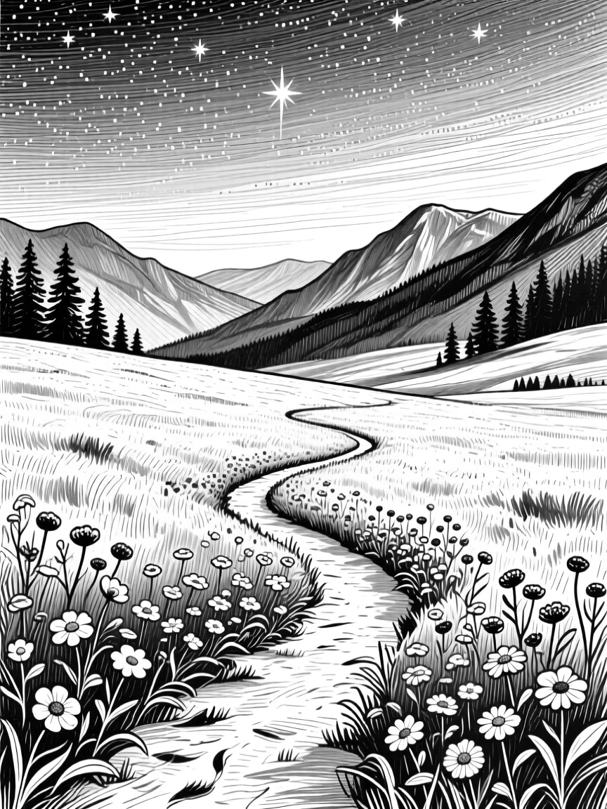 An alpine meadow beneath a canopy of stars beginning to appear, with scattered wildflowers along the path, evoking an awe-inspiring in its scale atmosphere in a wide, balanced composition.