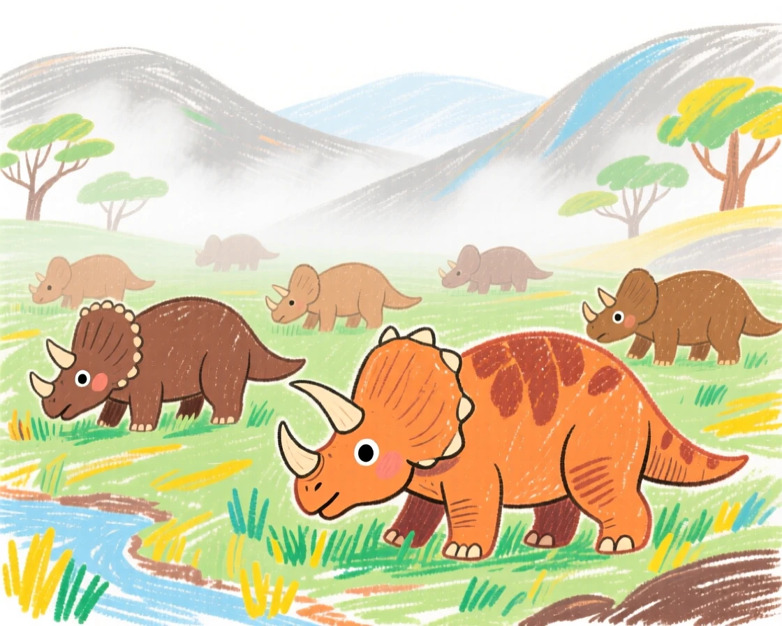 A herd of Triceratops grazing in a misty prehistoric valley.