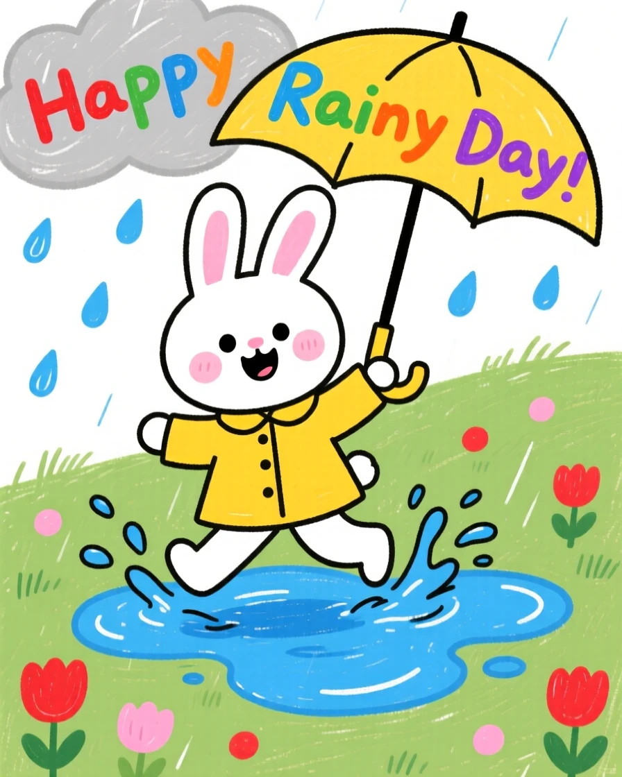 A small white rabbit splashing through puddles on a rainy walk.