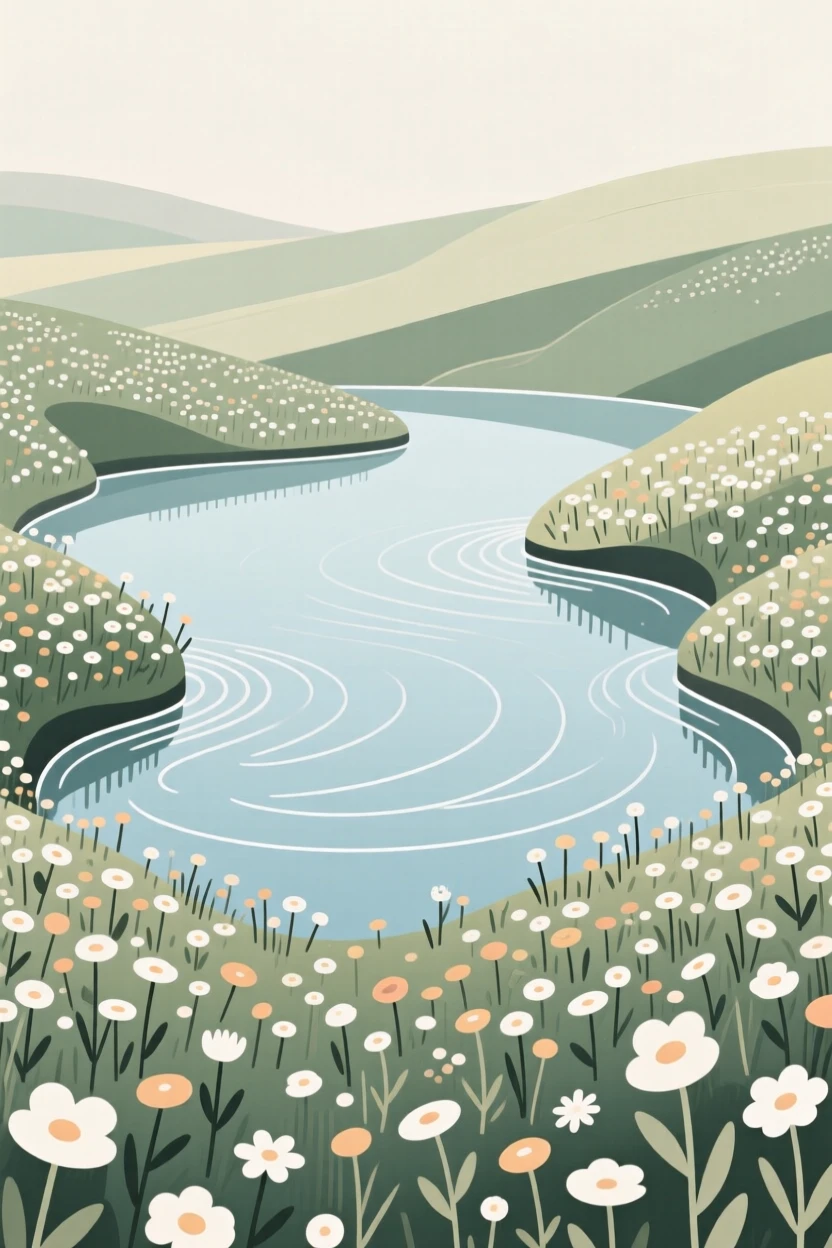 A tranquil hidden lagoon surrounded by wildflower banks, with gentle ripples on the surface.