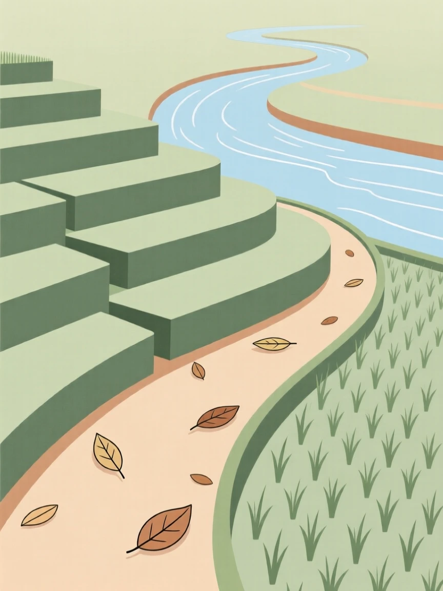A winding path through a terraced rice paddy leading toward a winding river, with a scattering of fallen leaves scattered along the way, radiating peaceful renewal.