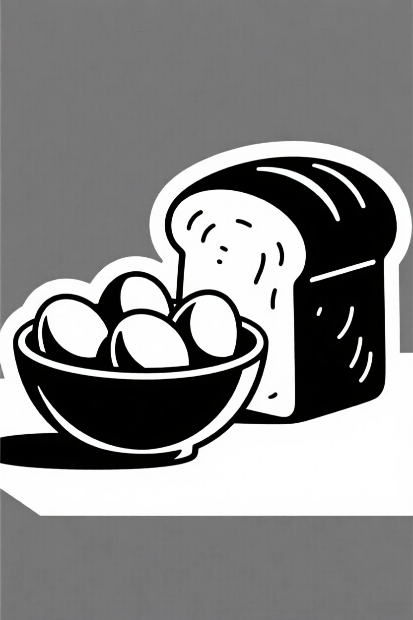 A bowl of fresh eggs beside a rustic loaf of bread.