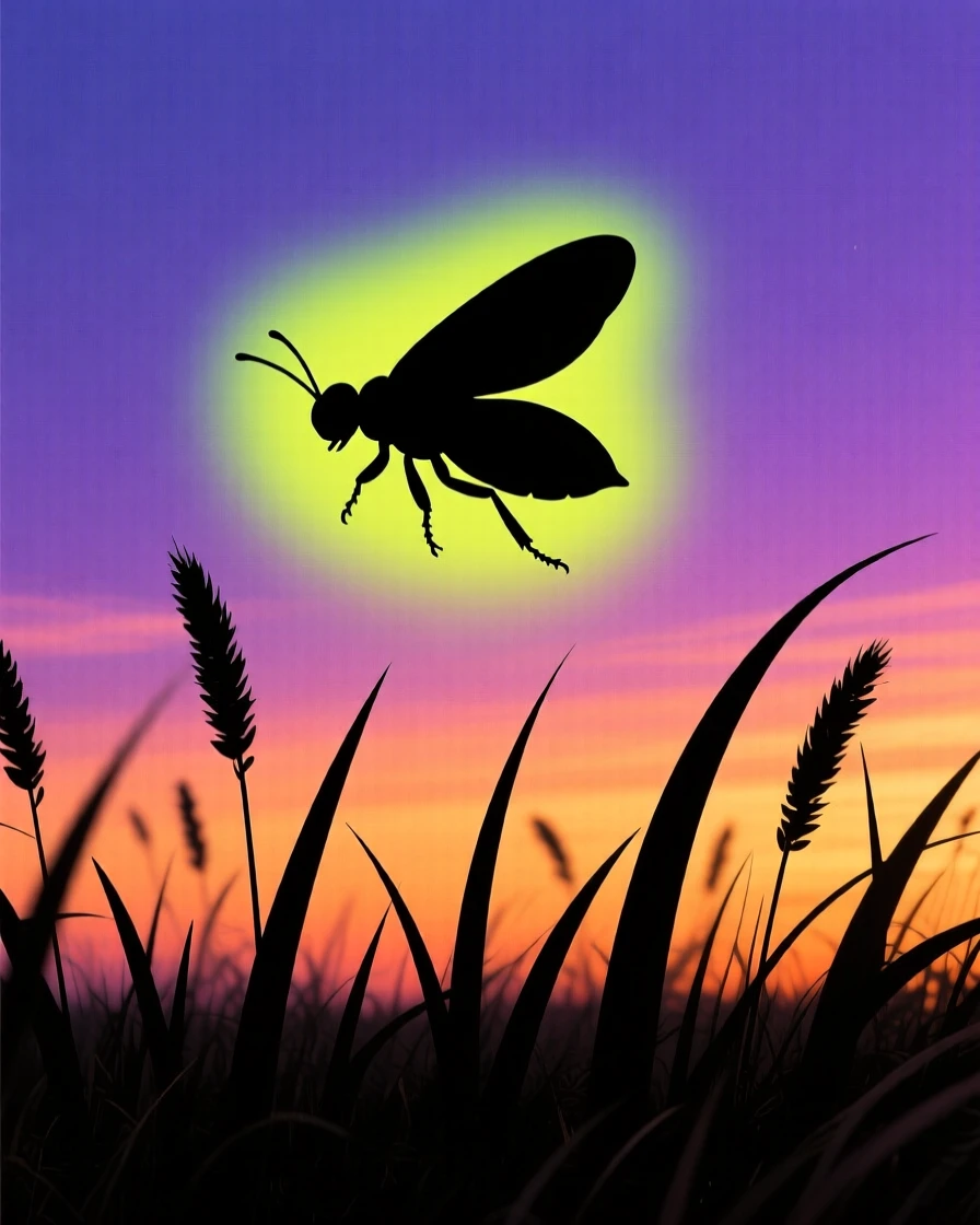 A single firefly glowing above a field of tall grass at dusk.
