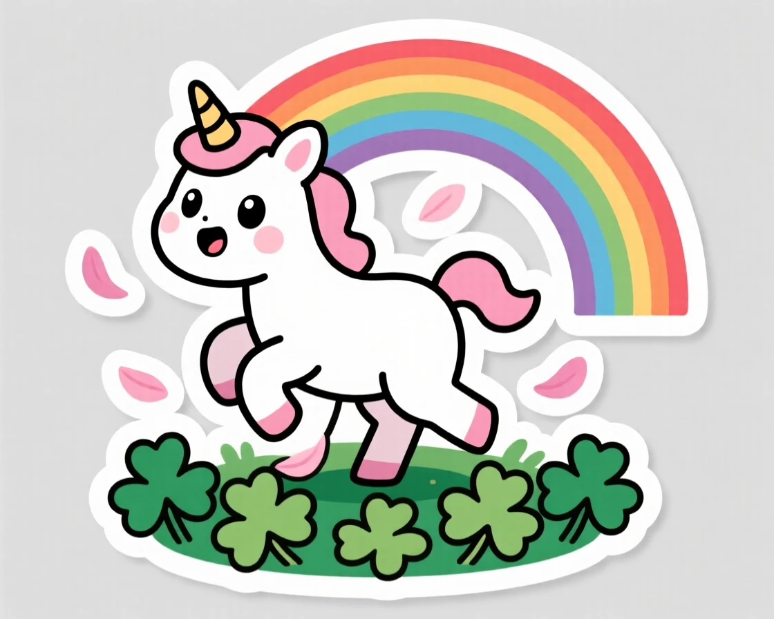 A wonder-struck baby unicorn foal dancing under falling petals, on a bed of clover under a rainbow.