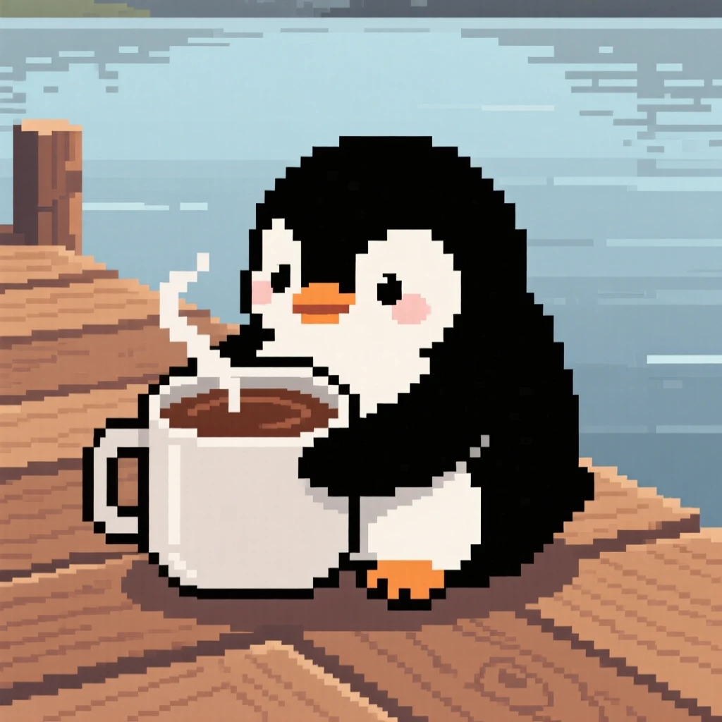 A plump baby penguin curled around a warm mug of cocoa, on a wooden dock over a still lake.