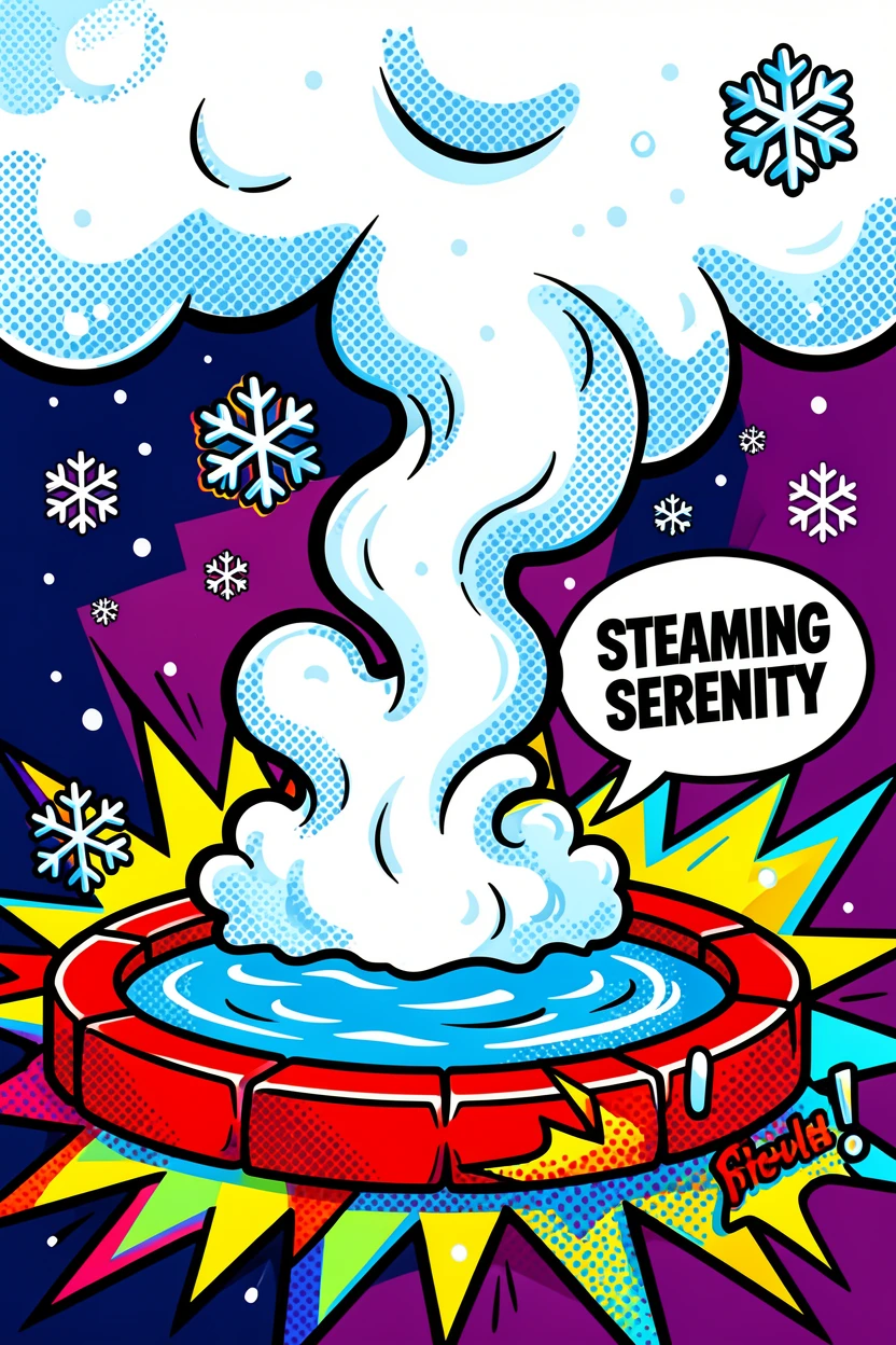 A hot spring steaming beneath a canopy of falling snow
