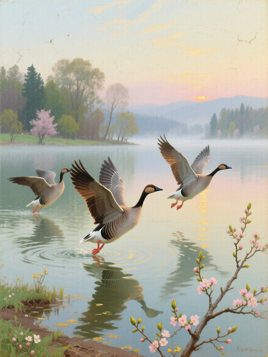A medium shot of wild geese landing on a still lake at first light, in the Balkans, as spring blossoms open, in a light morning mist.