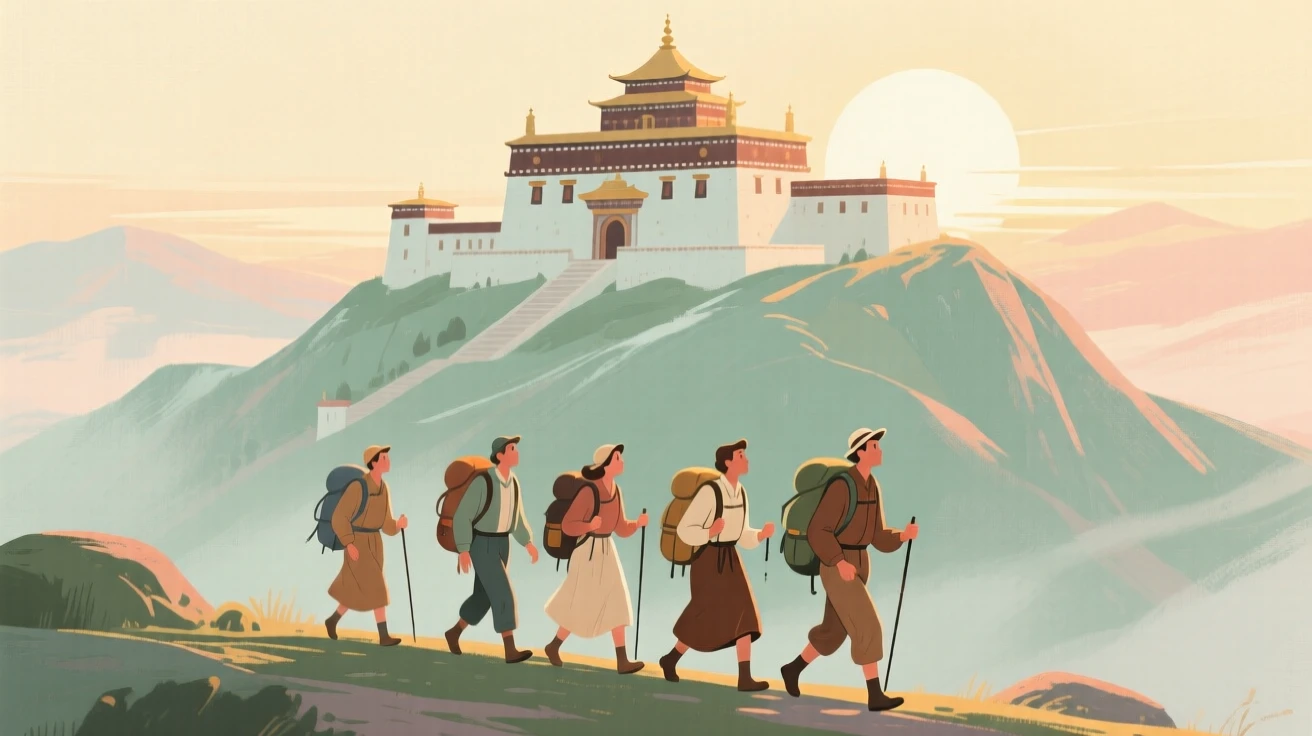 A group of trekkers reaching a mountaintop monastery at sunrise