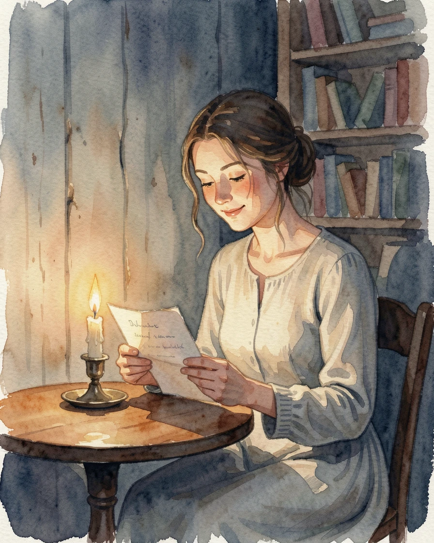 A woman reading a letter by candlelight with a calm and contented expression.